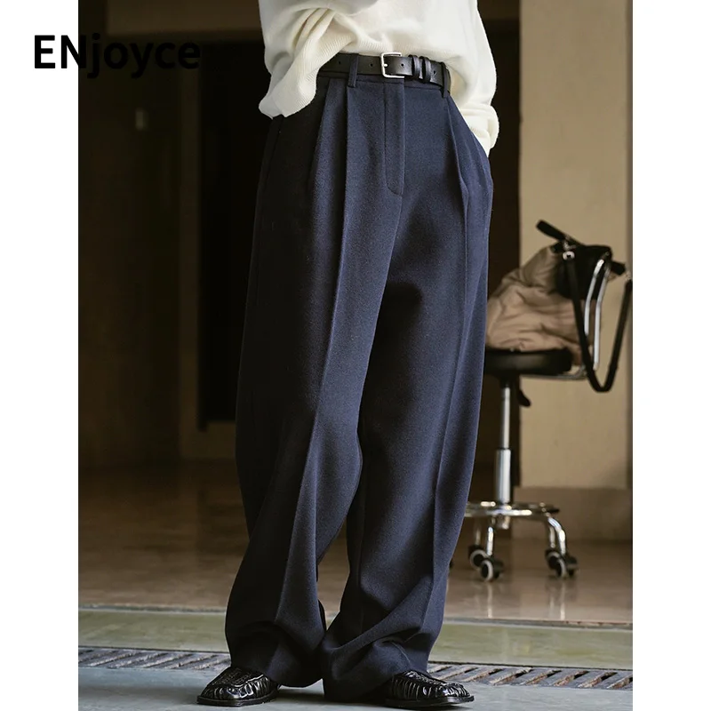 Women Winter Tweed Straight Suit Pants Office Lady New Wide Leg Workwear High Waist Loose Thick Draped Trousers