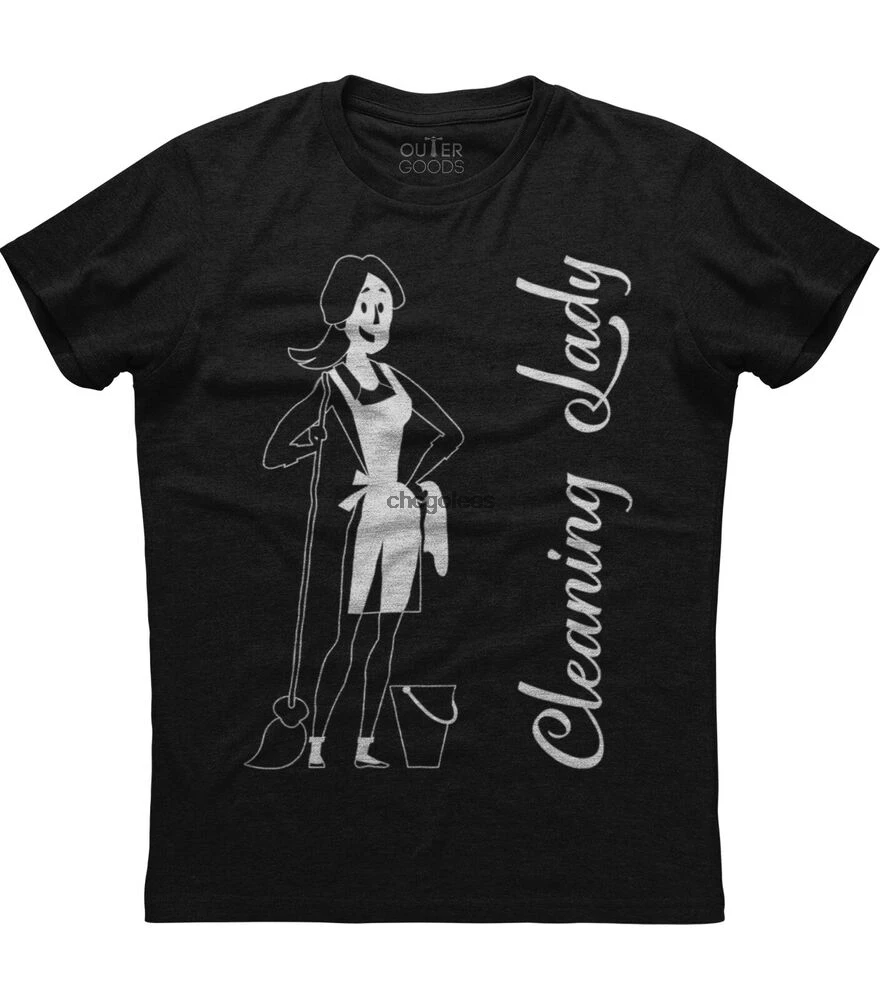 Женская хлопковая черная футболка с коротким рукавом и принтом уборка леди |
