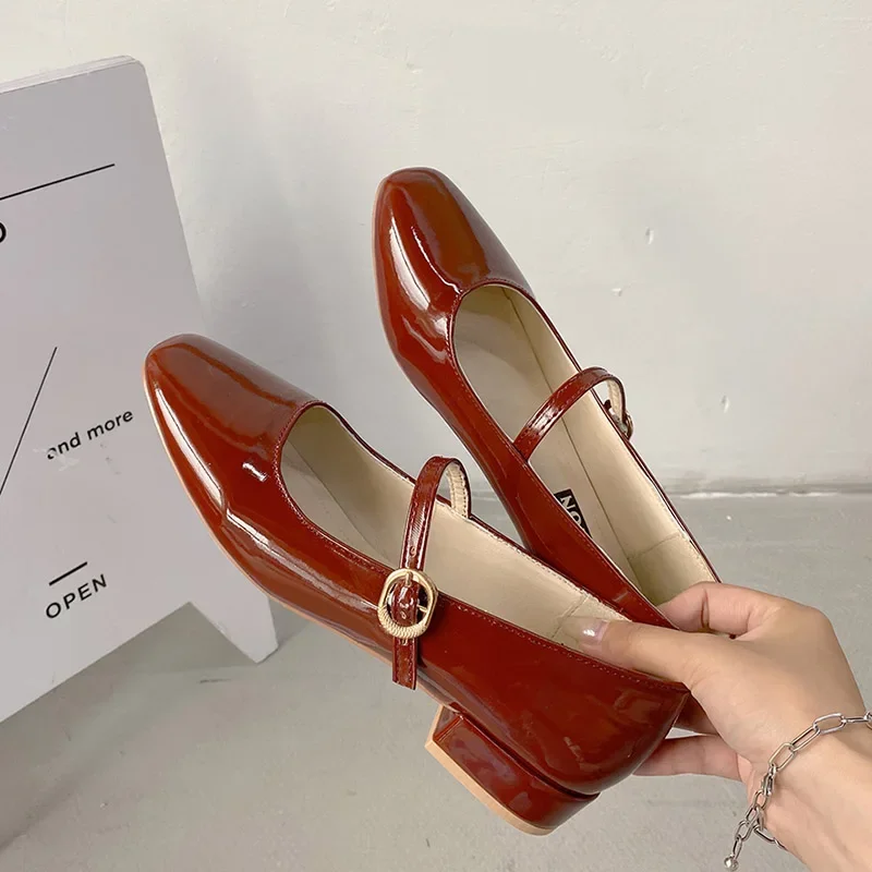 

New Spring Autumn Women Mary Janes Shoes Patent Leather Low Heels Dress Shoes Square Toe Shallow Buckle Strap Girls Shoes