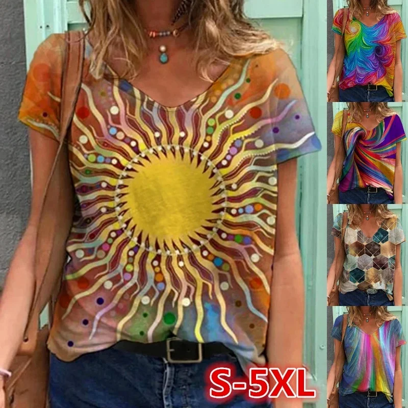 Women Short Sleeve Abstract Pattern Printed T-Shirts Summer Fashion Cotton V-Neck Tops  S-5XL Blouse