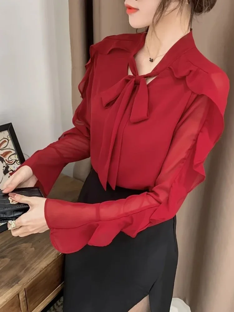 Элегантная шифоновая рубашка с бантом Женская офисная одежда осенняя модная