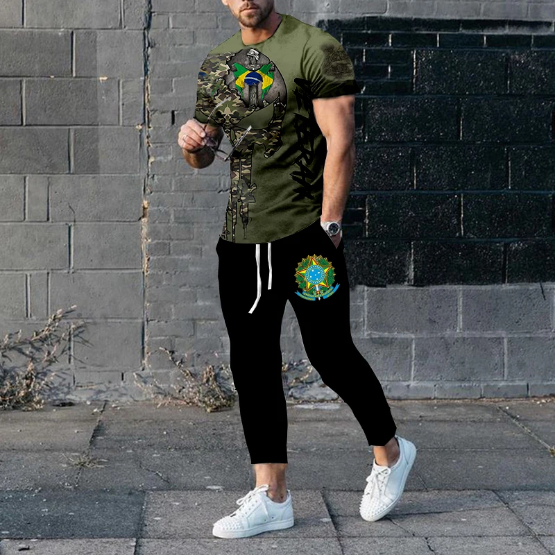 Summer Brazil Men's Tracksuit Fashion Short Sleeve Trousers 2 Piece Set Jogging Streetwear Oversized T-shirt Casual Sport Suit