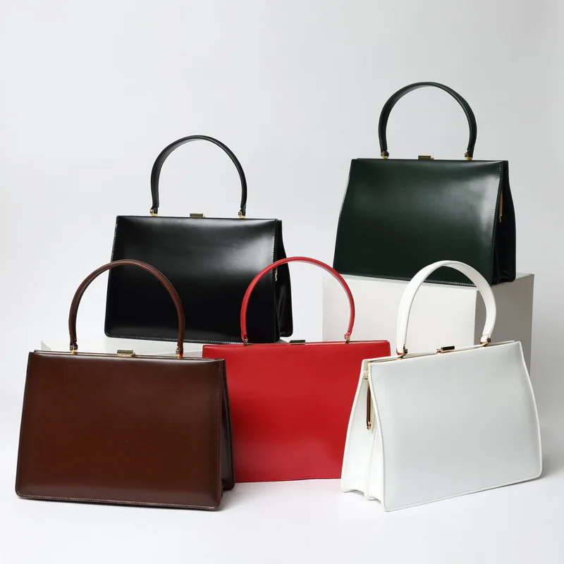 2023 New Vintage Genuine Leather Cowhide Handbag Fashion Pure Colour Large Clip Ladies Bags