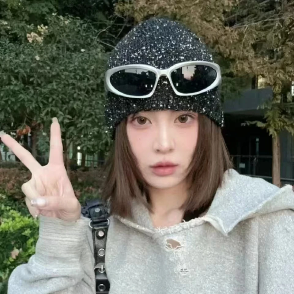 Весенняя тонкая женская Вязаная Шапка-бини с блестками в Корейском стиле