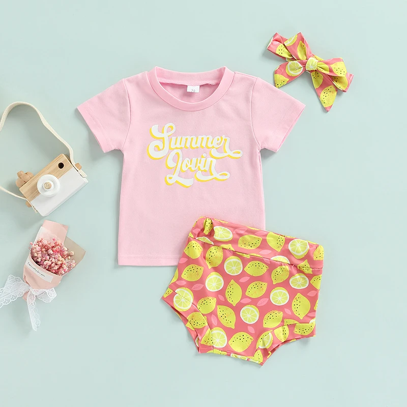 

Newborn Baby Girls Summer Outfit Toddlers Fashion Letter Printing Cotton Short Sleeve Tops Lemon Shorts Sets Headwear Set 0-24M