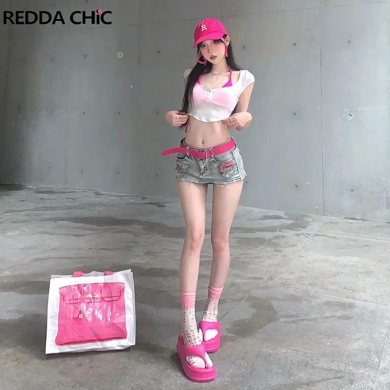 Женские джинсы REDDACHiC Y2k с поясом обтягивающие мини-юбки из денима потертостями