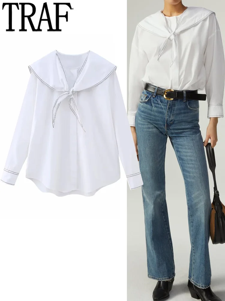 

TRAF White Shirt Woman Topstitching Button Up Shirt Women Long Sleeve Shirts And Blouses Peter Pan Collar Baggy Casual Blouses