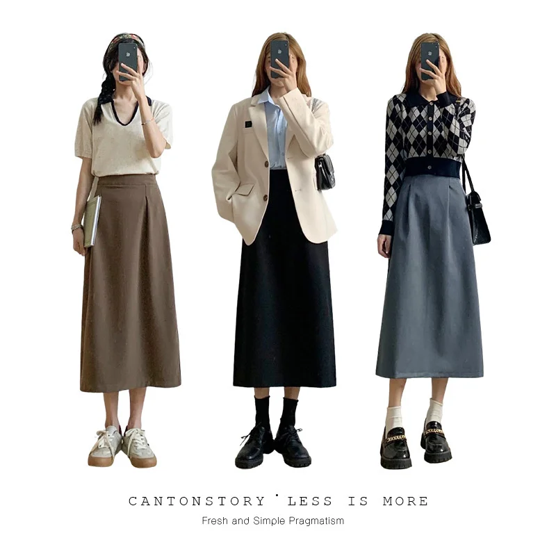 

Medium length skirt women's split a-word summer 2021 new style small people high waist thin long skirt