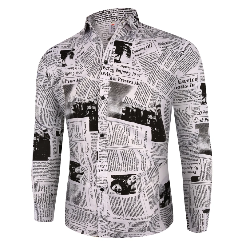 

Luxury Men New Newspaper Print Shirts Long Sleeves Slim Fit Fashion Spring Personality Versatile Casual Shirts Men's Streetwear