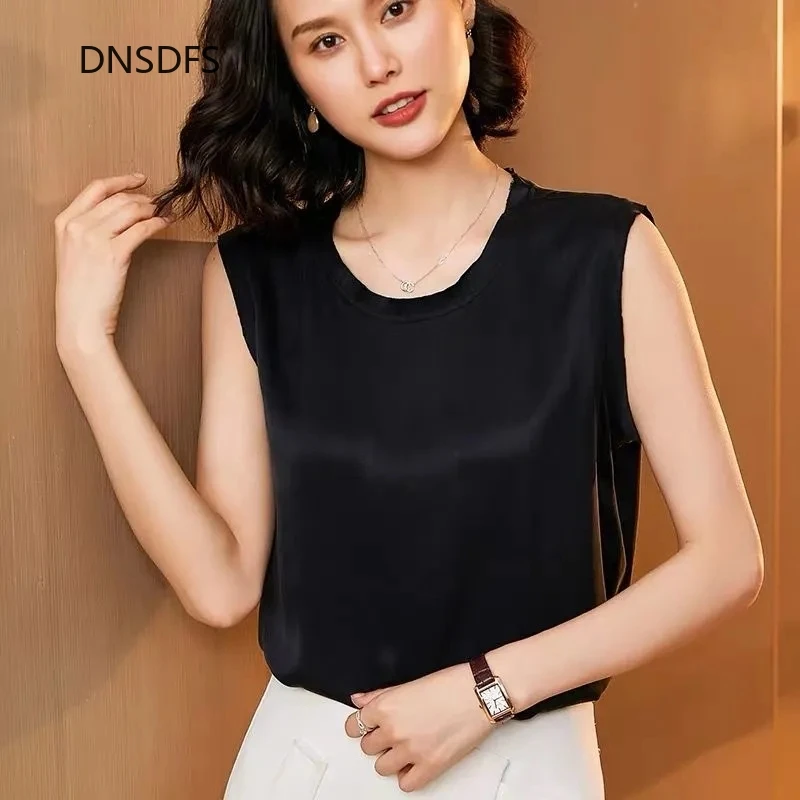 

Блузка Женская атласная без рукавов, Повседневная шифоновая рубашка в Корейском стиле, офисный пуловер, желтый синий цвет, на лето