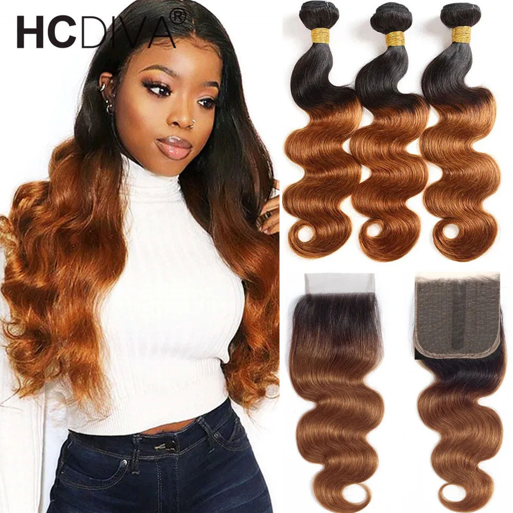 T1B/30 Body Wave Bundles With Closure 3 Bundles 10A Brazilian Human Hair Bundle With Closure 30inch Two Tone Remy Hair Extension