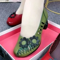 summer autumn 2022 new ethnic style leather handmade shoes women round toe pumps hollow flower sandals zapatos de mujer