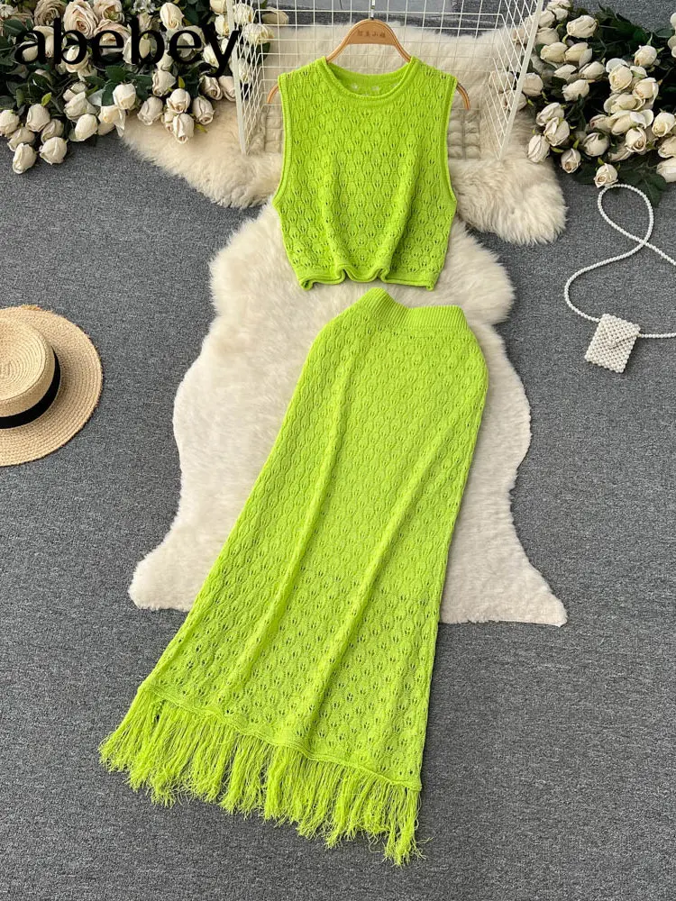 

Summer Tassel Beach Two Pieces Sets Fashion Strap Loose Knit Camisole+A Line Long Skirt Sets Fashion Casual Sexy Suits