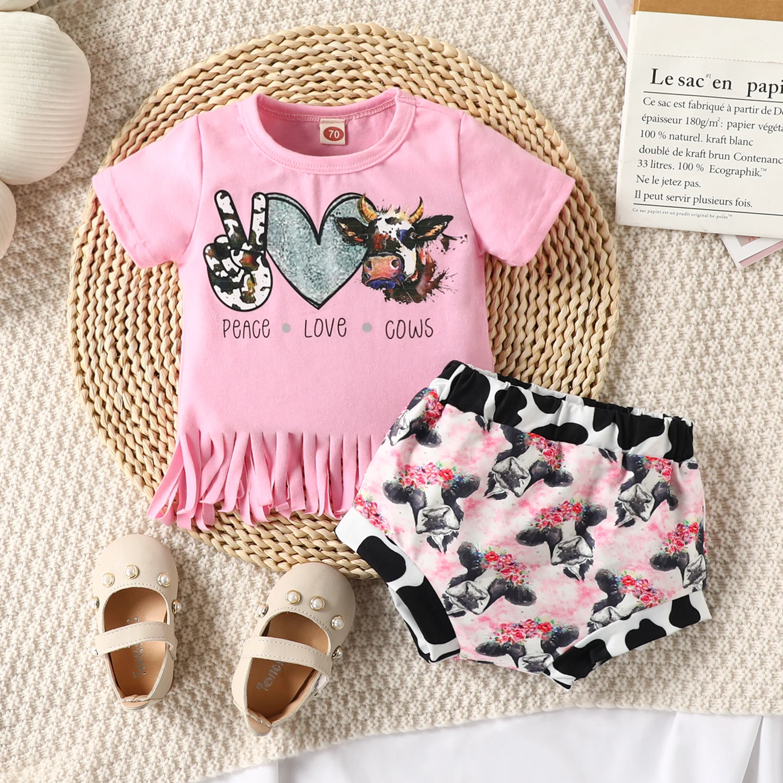 

0-24 Months Infant Baby Girls Casual Suit, Cow Letter Printed Short Sleeve Tassel Tops+floral Printed Triangle Shorts