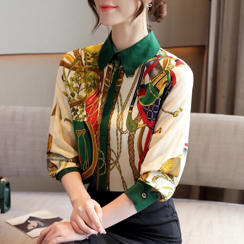 

Шифоновая женская блузка с принтом, рубашка-поло, новая корейская мода, Свободный Повседневный Топ с длинным рукавом, лето