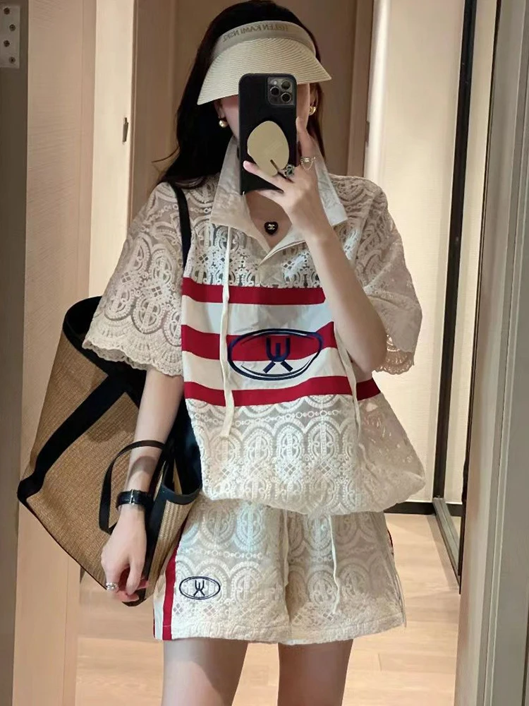 

Summer Openwork Lace Two Piece Sets For Women 2023 New Fashion Street Short-Sleeved Striped Tops+Casual Lace Shorts Suit Clothes