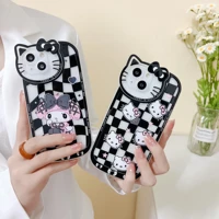 hello kitty melody black and white plaid cat face lens case for iphone 13 12 11 pro max xr xs max 8 x 7 se 2022 case