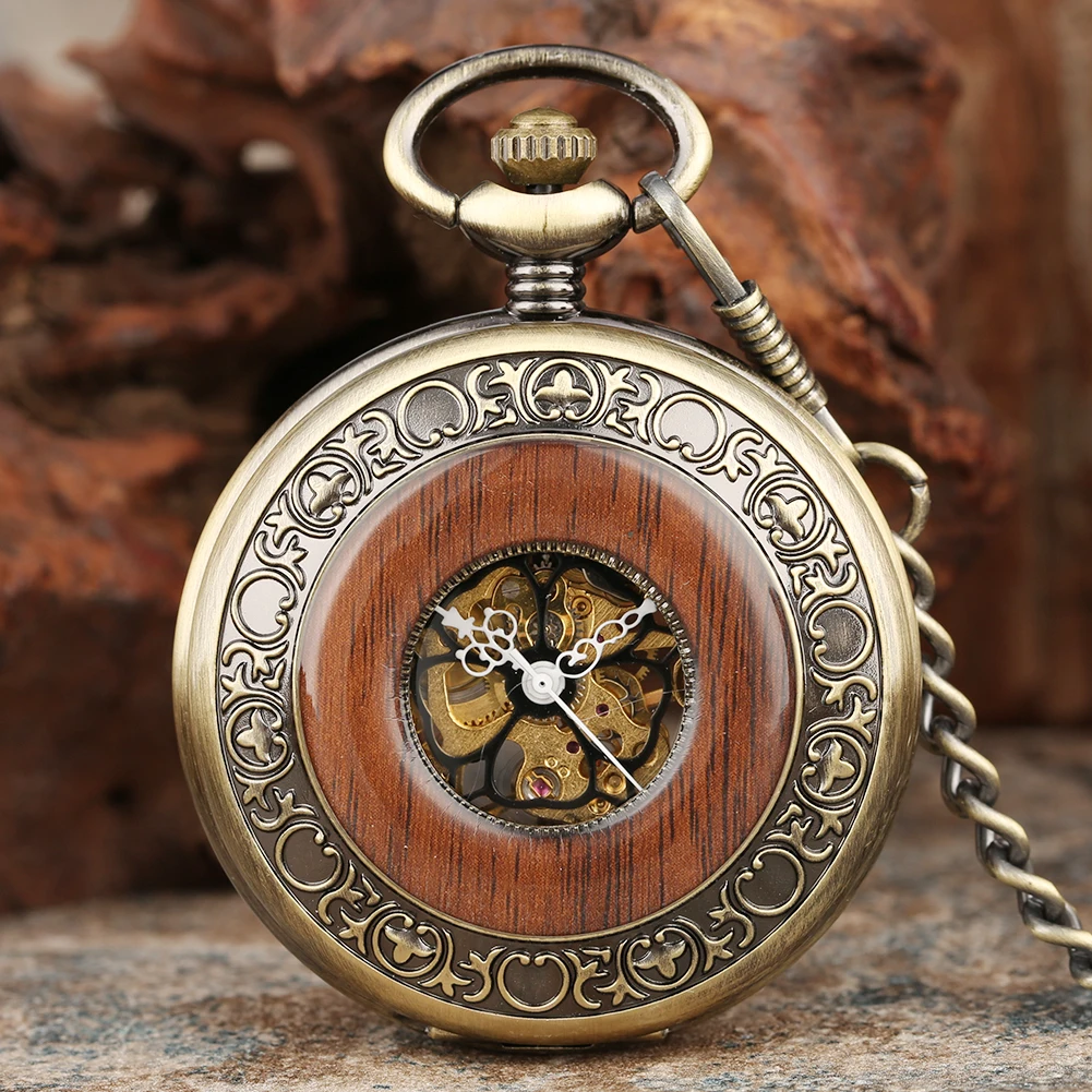Vintage Hollow Red Wood Circle Decor Manual Mechanical Pocket Watch with Bronze Pocket Chain Luxury Antique Man Pocket Timepiece