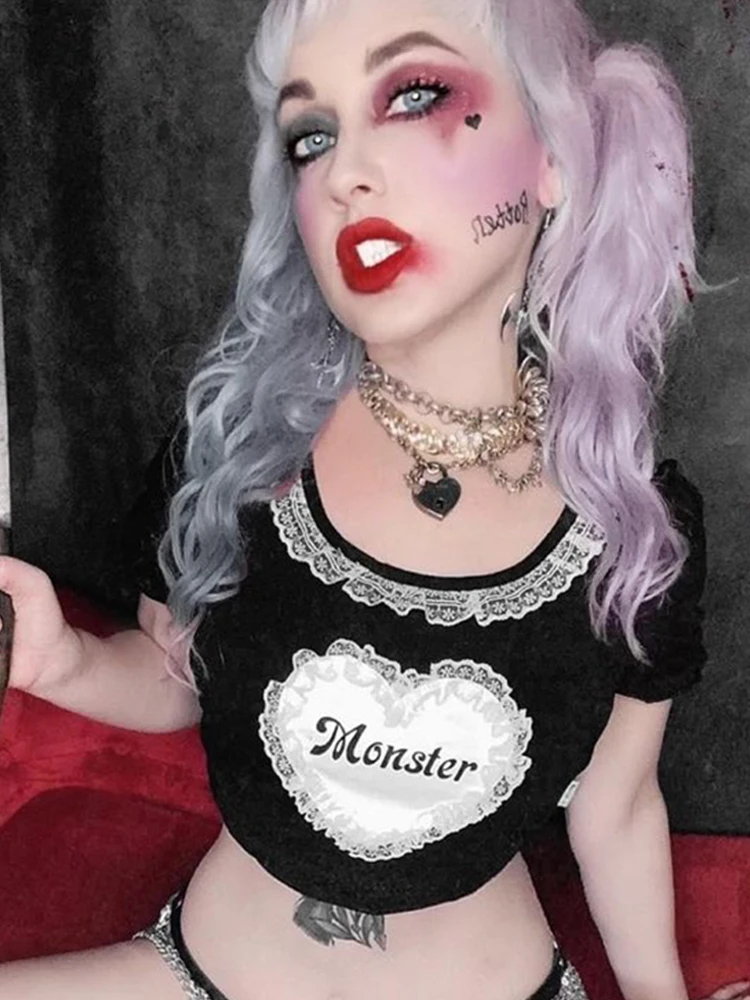 

WeiYao Mall Goth Letter Print Black T Shirt Y2K Harajuku Vintage Punk Aesthetic Lace Patchwork Bodycon Crop Tops E Girl Tops