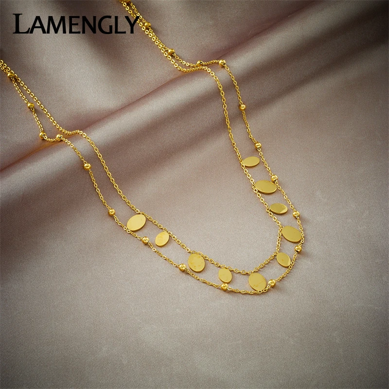 

LAMENGLY 316L Stainless Steel Gold Color Multilayer Oval Pendant Necklace For Women Fashion Girls Clavicle Chain Jewelry Gifts