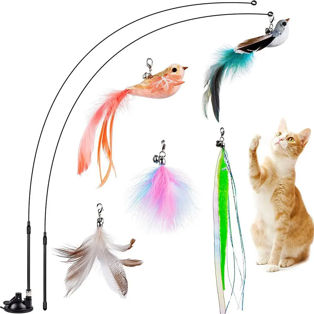 

Cat Teaser Stick Set With Suction Cup Bells Feathers Tassels Cat Wand Toy Pet Supplies For Relieves Boredom