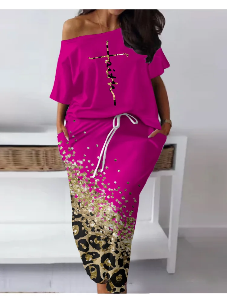 

Plus Size Faith Baroque Leopard Print Casual Skew Neck Top & Drawstring Skirt Set