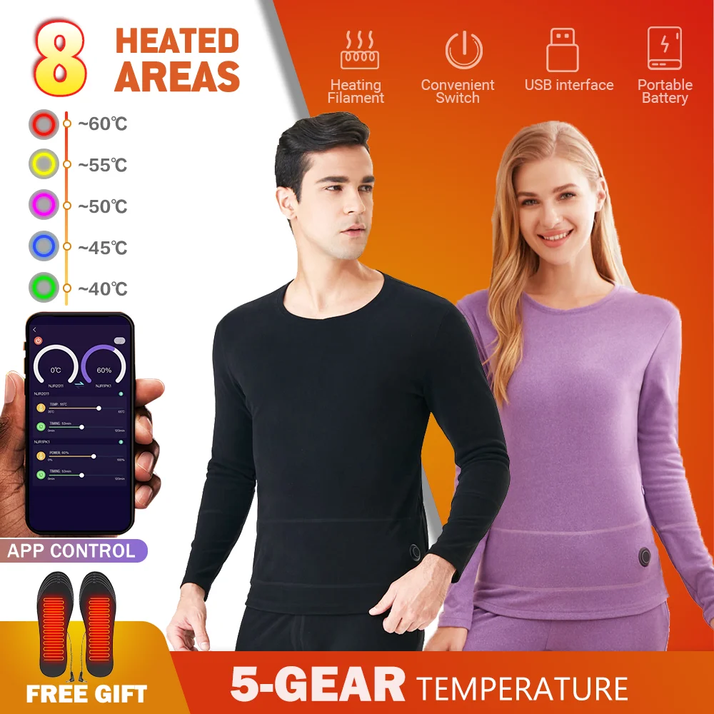 

Motorcycle Heated Thermal Underwear Heating Jacket Underwear Clothes Smart Phone APP Control Temperature USB Battery Powered Men