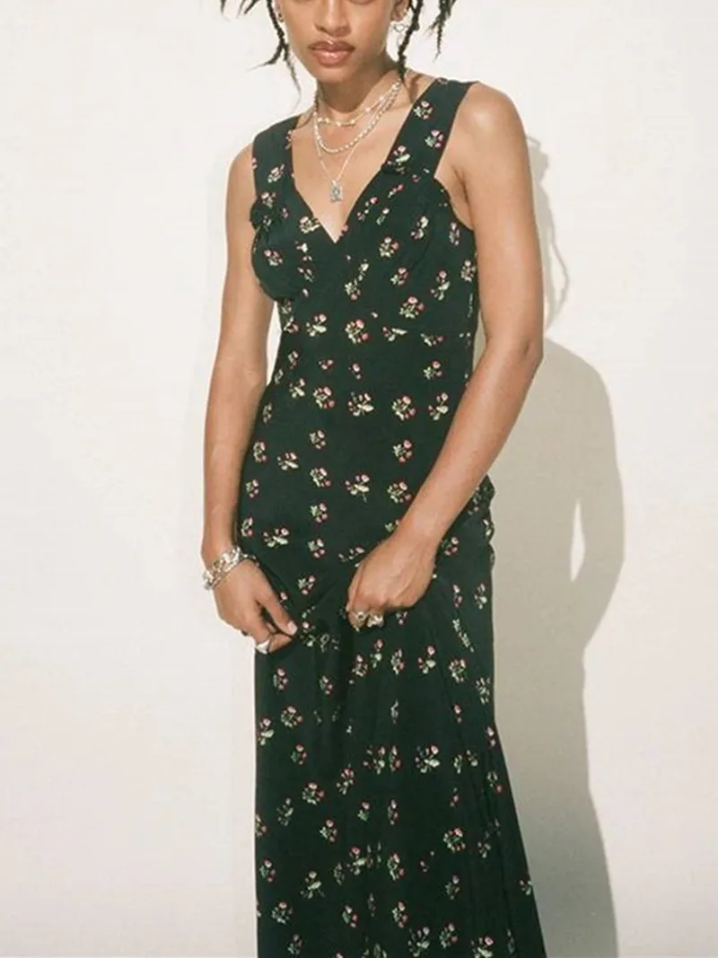 

100% Silk Ladies Sleeveless Temperament Slim Long Robe French Floral Print Sexy V-Neck Tank Dress for Women 2023 Summer