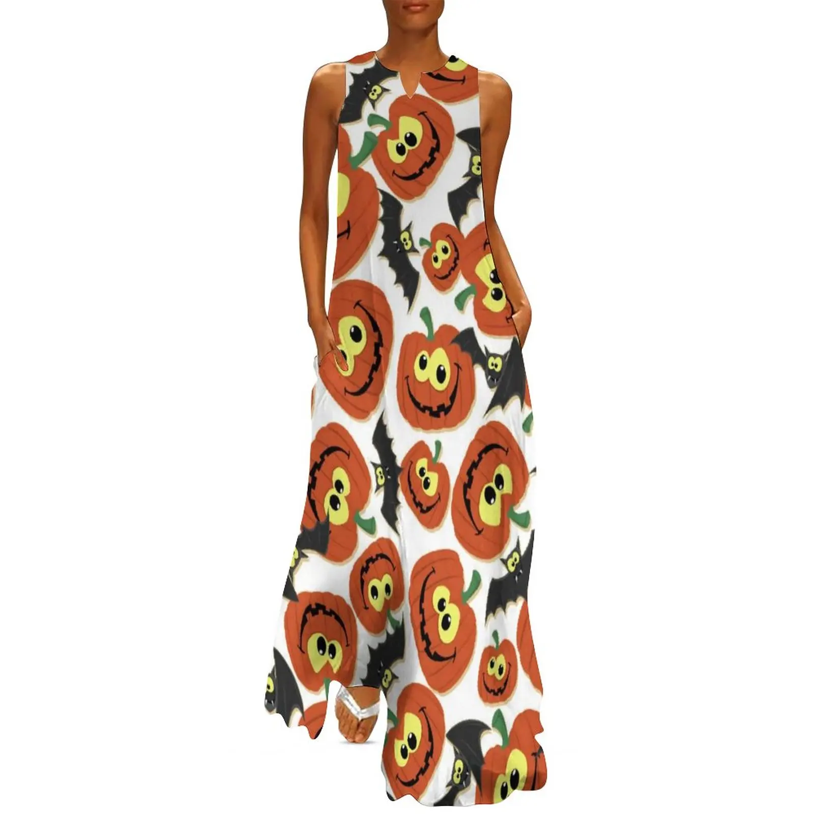 

Black Bat Holiday Dress Halloween Pumpkins Vintage Maxi Dress Sleeveless Design Casual Long Dresses Fashion Big Size Vestido