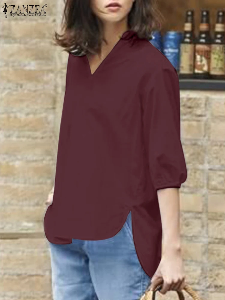 

2023 ZANZEA Female Fashion Solid Color Shirt Woman Half Sleeve V-Neck Shirt Casual Loose Tops Summer Elegant Split Hem Chemise