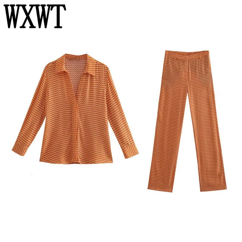 

WXWT 2022 Women Geometric Pattern Print Long Sleeve Shirt With High Waist Straight Pants Casual Sets Spring Autumn XX8591