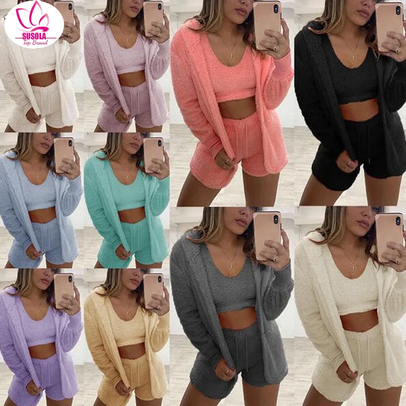 

SUSOLA 2022 Spring Fall Winter Women Home Plush Suit 3 Piece Set Tank Crop Top Shorts Long Sleeve Cardigan Coat Casual Outfits
