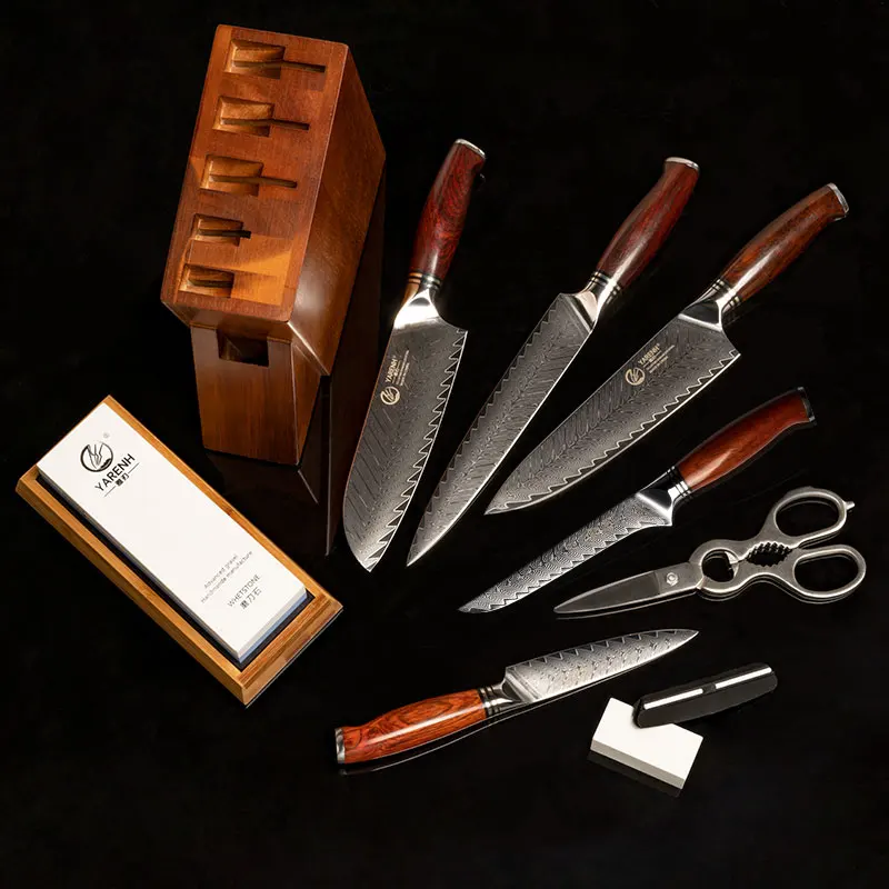 

YARENH Kitchen Knife Set 5-8PCS Damascus Steel Utility Boning Santoku Cleaver Chef Knives Scissors Knife Holder Sharpener Stone