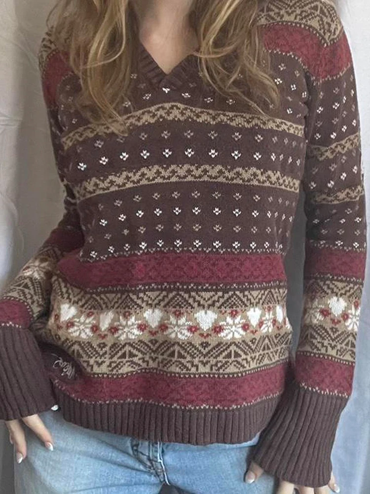 

WeiYao Y2K Уродливые Рождественские свитера для женщин 2022 осень-зима в стиле преппи с V-образным вырезом и длинным рукавом винтажные вязаные дже...