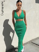 cryptographic elegant fashion outfits green top and skirt two piece sets sexy backless co ord set split maxi skirts matching set