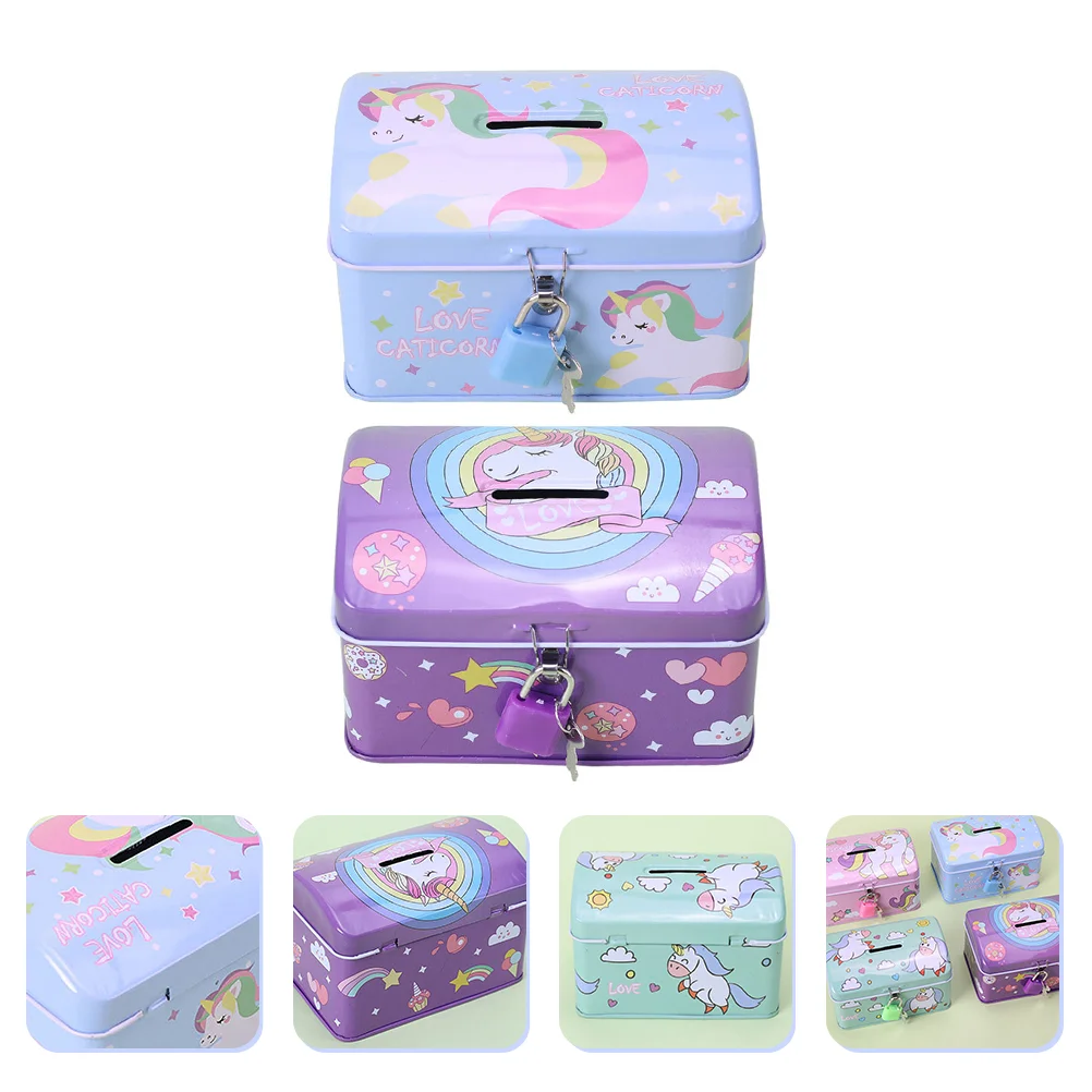 

2 Pcs Cash Box Kids Money Bank Boy Piggy Banks Tin Metal Keepsake Funny Children Cool Unicorn