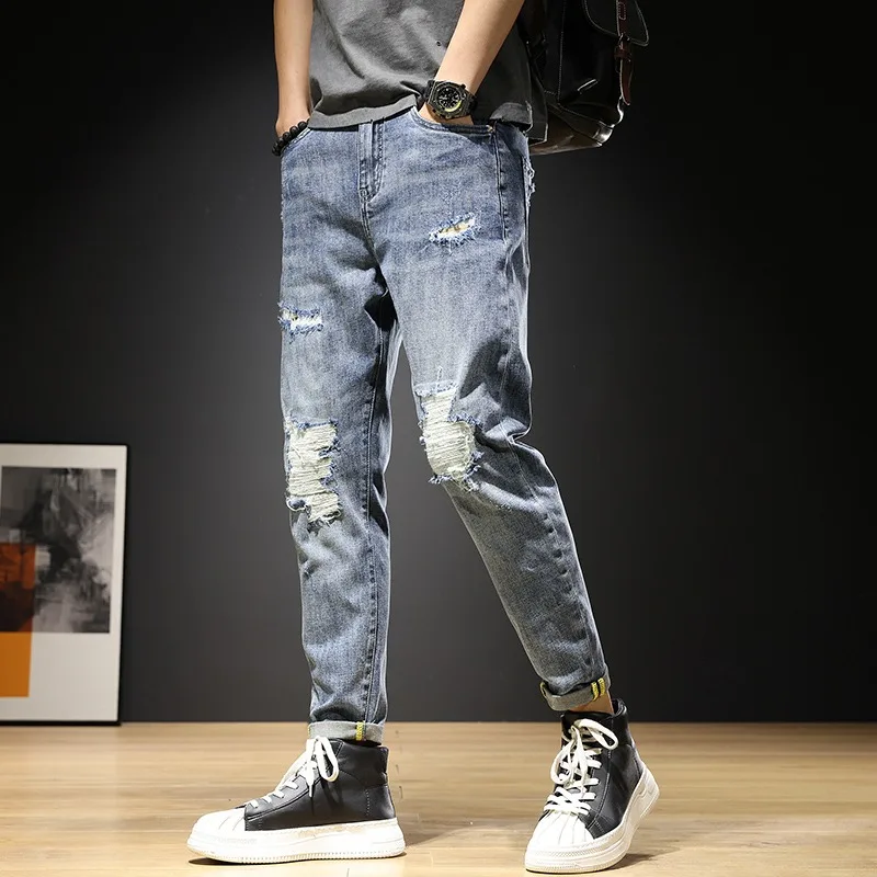 Ripped Jeans Men Summer Lightweight Slim Fit Ankle-Length Pants Streetwear Fashion Blue Patch Denim Trousers