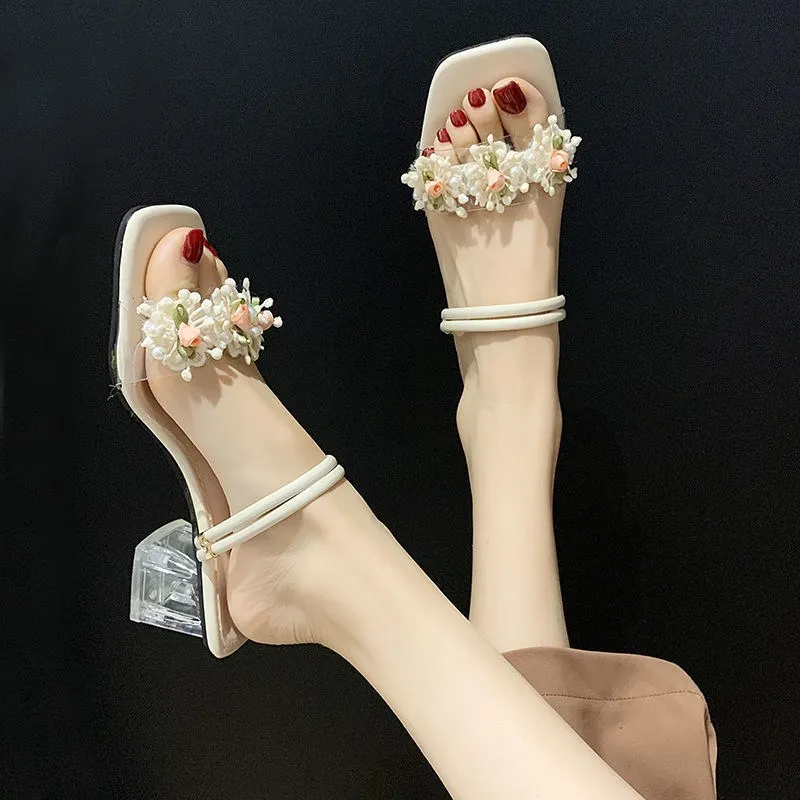 

Sandals Women's 2023 Summer New Korean Fashion Flower High Heels Casual Two Wear Elegant Thick Heel Square Toe Sandals