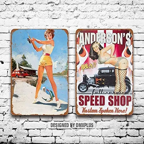 

Metal Sign (Set of 2) Tin Signs 1 Speed Shop Custom Spoken Here! Sexy Pinup Girl Vintage Look Wall Decoration Home Decor Plaque