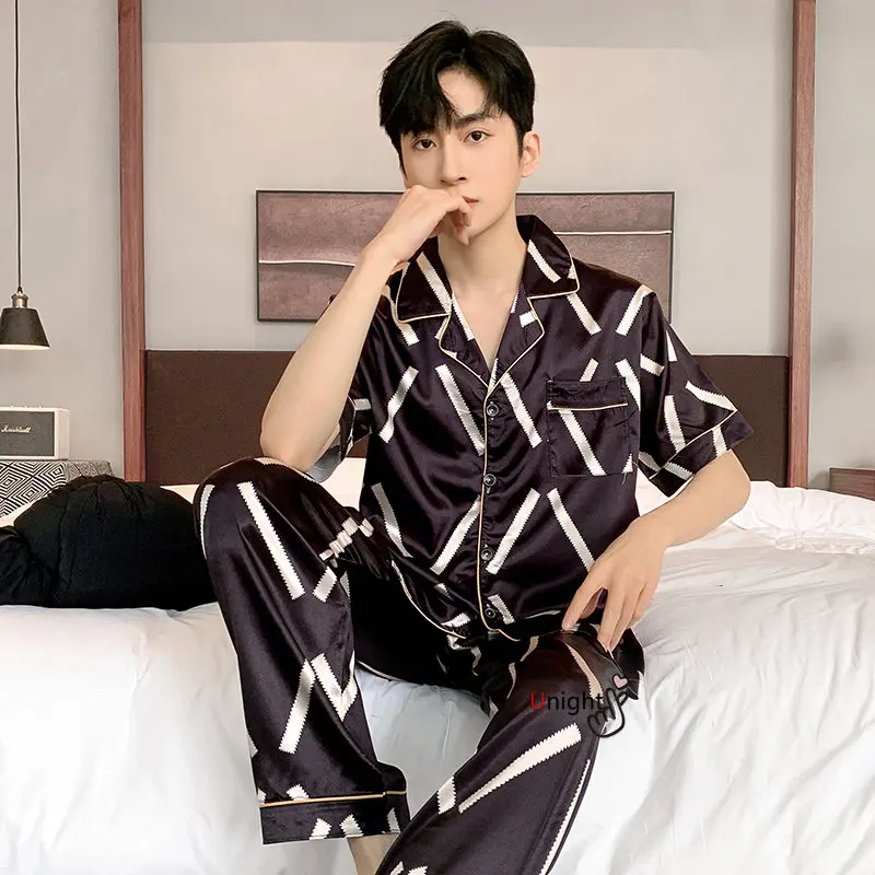 Spring Summer Man Pajama Sets Silk Sleepwear Pajamas for Men Plus Size Home Clothing Pyjamas Suit Home Wear Loungewear Homesuits
