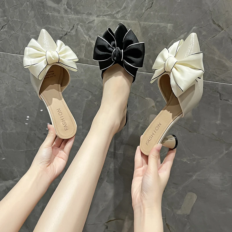 

Женские туфли с закрытым носком, 2022, женские шлепанцы, на каблуке, мюли на среднем каблуке с бантом-бабочкой, роскошные шлепанцы, новинка, иск...