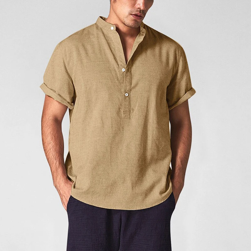 

Vintage Solid Cotton Linen Shirts Men Summer Short Sleeve Button Turn-down Collar Tops Mens Clothes Casual Fashion Loose T-shirt