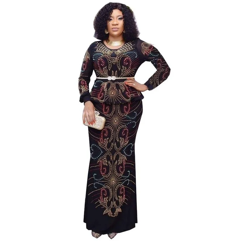 

African Dresses for Women Autumn African Women Long Sleeve O-neck Plus Size Long Dress Dashiki African Clothes Women with Belt