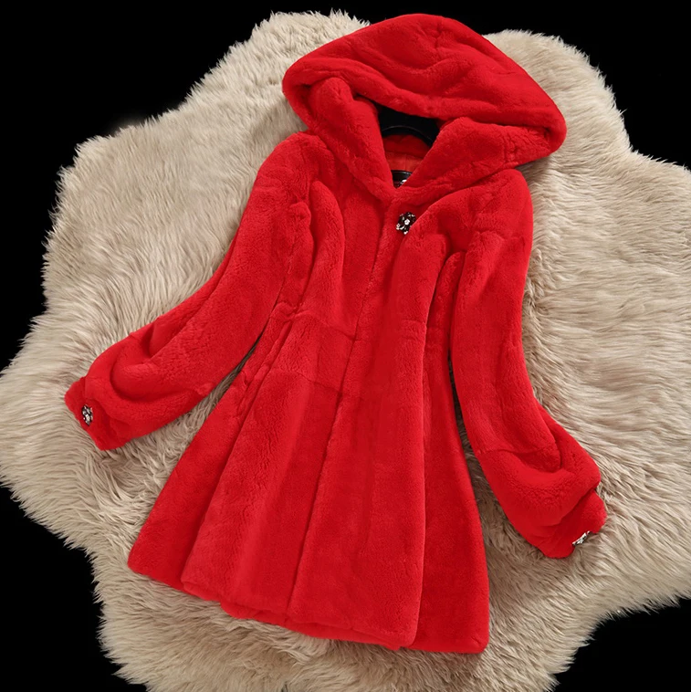 

rex fur rabbit 2023 natural winter women's new hooded rhinestone long outerwear coat real fur full pelt jackets D15