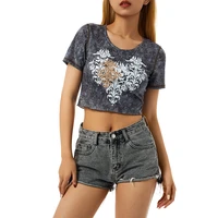 women clothing polyester summer crop tops distressed vintage printed short sleeve exposed navel t shirts