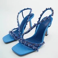2022 summer new women's Shoes Blue Green Beaded high-heeled sandals Rhinestone Satin square head stiletto luxury sandals size 41