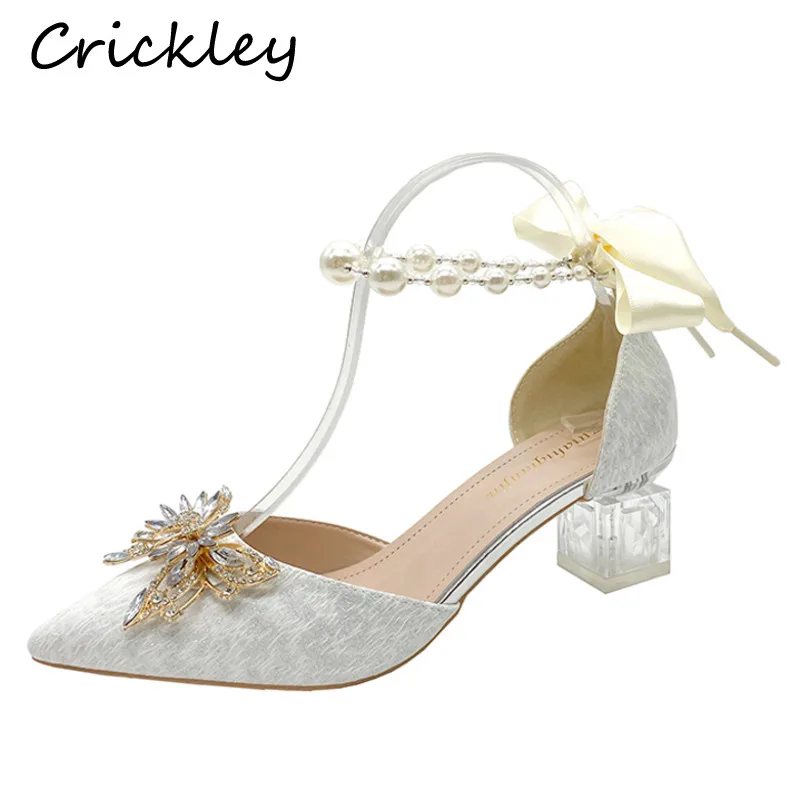 

Elegant Rhinestones Female Pumps Wedding Party Dress Women Prom High-heeled Shoes Transparent Square Heel Ladies Pearl Footwear