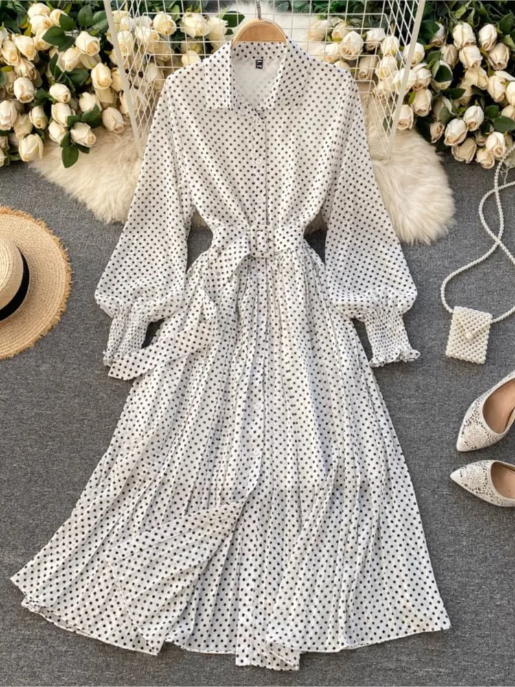 Spring Elegant Purple Women's Polka Dot Pleated Dress 2022 Korean Clothing Long Sleeve Vintage Chiffon Shirt Dress Female Robe