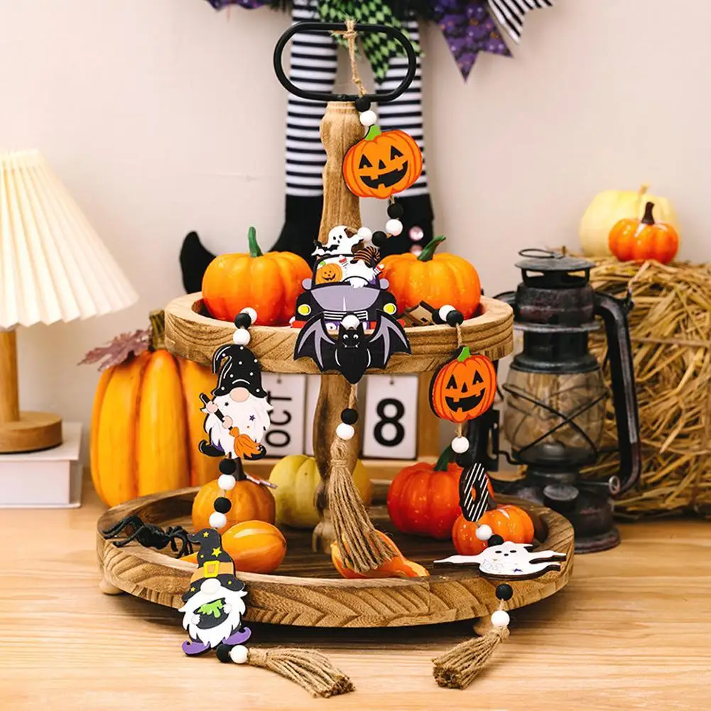 

Halloween Hanging Ornaments With Tassels Wooden Beads Pumpkin Bat Gnome Wooden Pendant For Trick Or Treat Party Decor