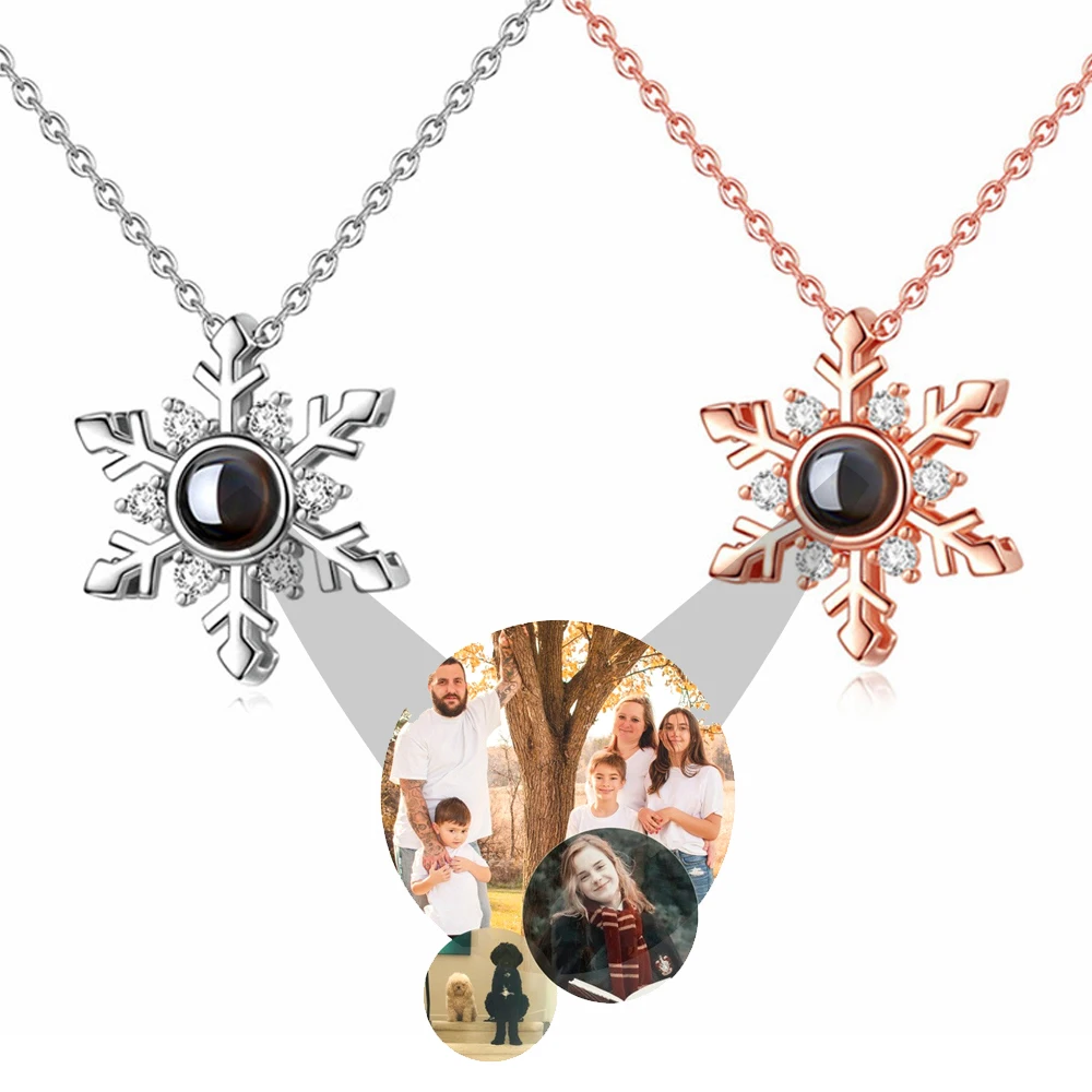 Подарок на день Святого Валентина, ожерелье с проекцией по фото на заказ, цепочка на ключицу со снежинками, подарок для друзей и семьи с памятью